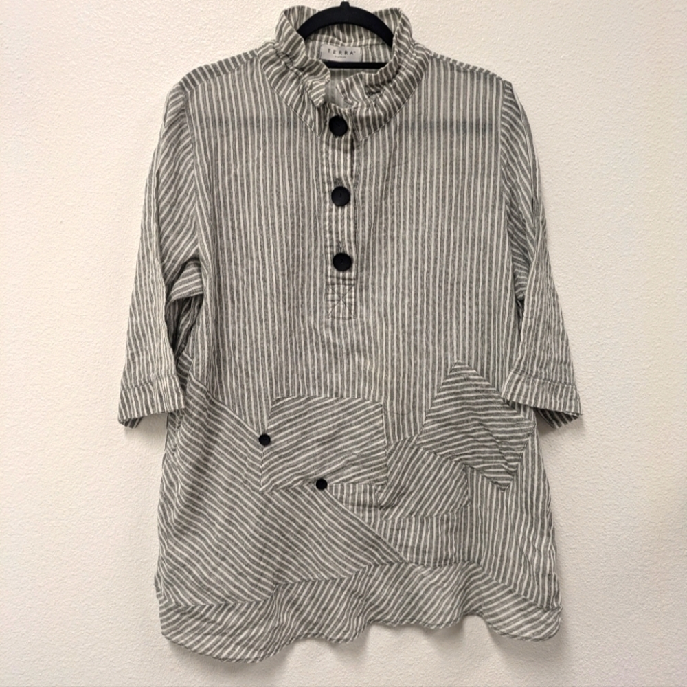 Terra SJ Apparel Gray Striped Cotton Tunic sz L Ruffle Collar Artsy Lagenlook